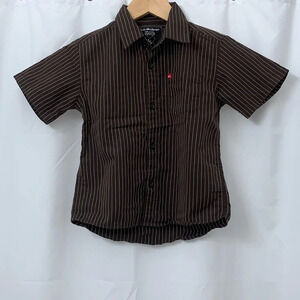 Boys QuikSilver Short Sleeve Brown Striped Button Down Shirt Size Small EUC
